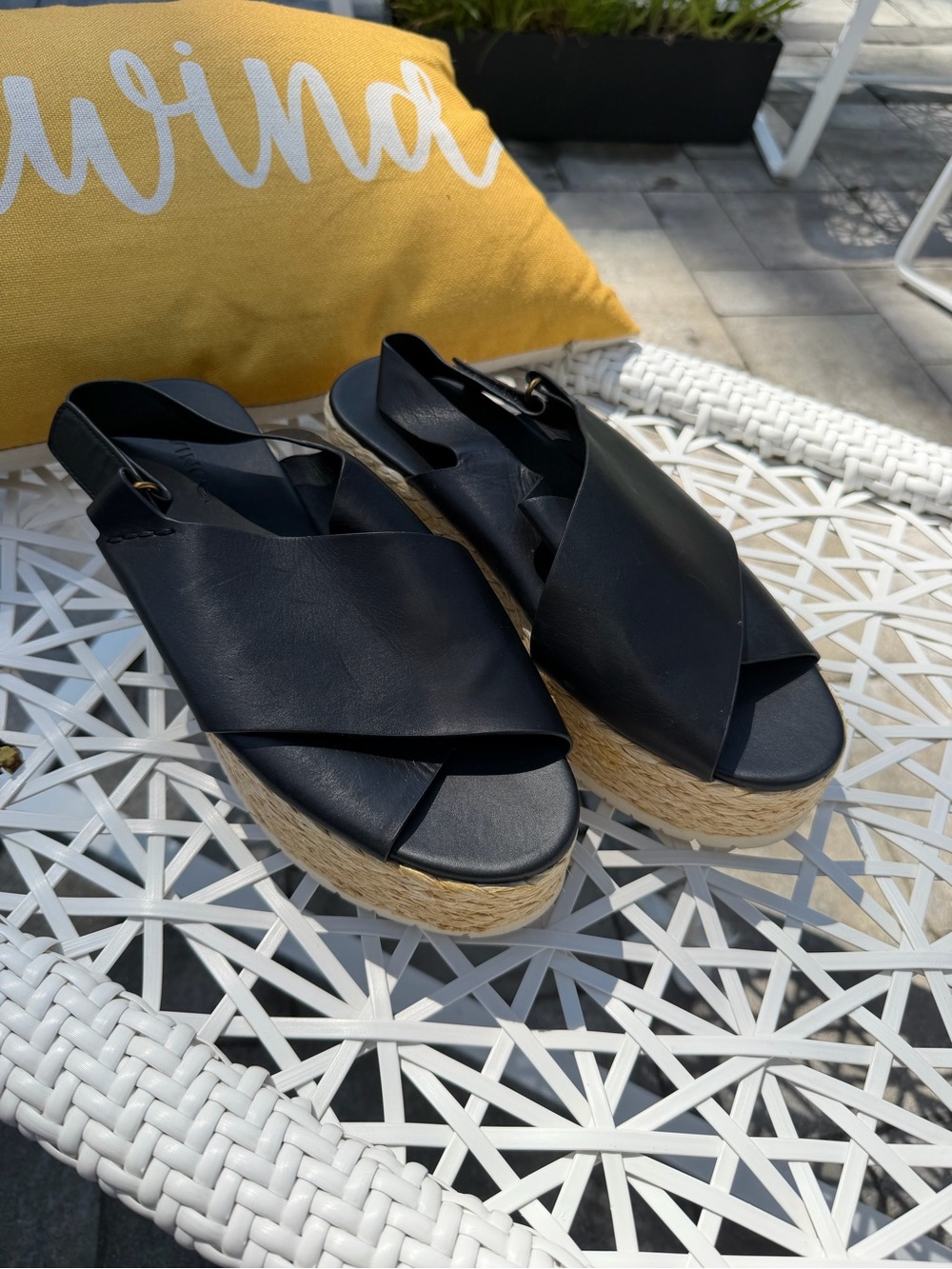 Vince Black Leather Crisscross Espadrille Wedge Sandals